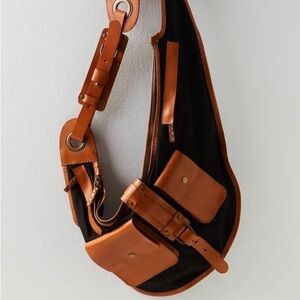 Free People Blue Ridge Sling Saddle Bag Black Brown Leather Crossbody Purse